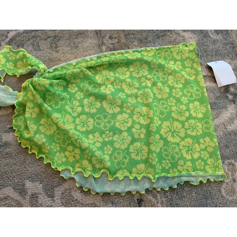 Kulani Kinis Mini Mesh Sarong - Lime Green Floral Cover-up Sarong Sz S NWT